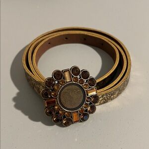 Danier Leather Gold Embossed Belt w/ Jeweled Buckle – M